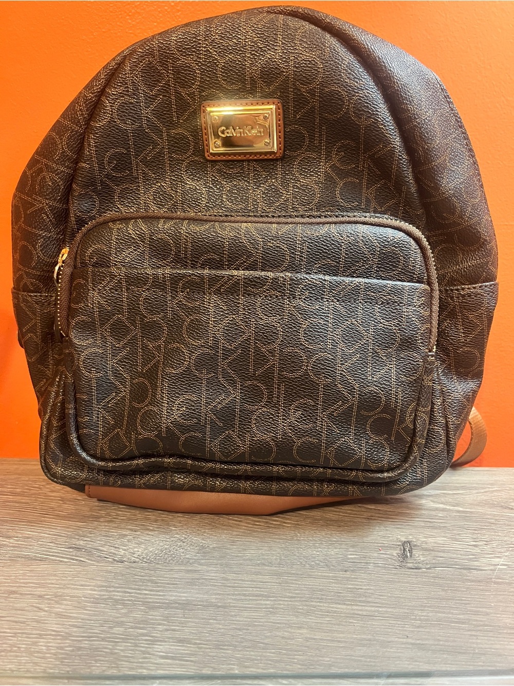 Calvin Klein Brown Monogram Mini Backpack with Gold Plaque